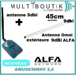 ALFA AWUS036NHV + Antenne Omni-Directionnelle Extérieure Alfa AOA-2409TM 9dBi 2,4ghz